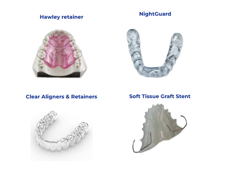 Hawley retainer, thermoplastic nightguard, clear aligner system and soft-tissue graft stent demonstrating retention, occlusal protection and surgical site stabilization postoperatively